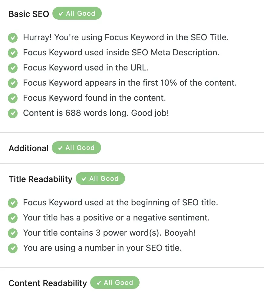 Screenshot showing search engine optimization checks with all good status. Basic SEO, Additional, and Title Readability sections indicate positive results for focus keyword usage, content length, SEO title, and power words.